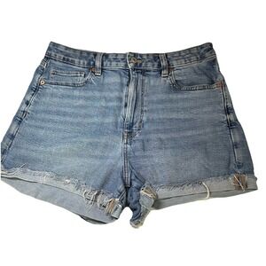 American Eagle High Rise Blue Stretch Denim Medium Wash Mom Jean Shorts Size 8